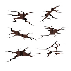 Cracks set in ground after earthquake color vector illustration. Disaster effects on asphalt road surface in cartoon style, crack damage isolated