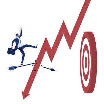 financial crisis disrupt opportunities or business goal, global economic crisis concept, falling graph destroys flying arrow to target