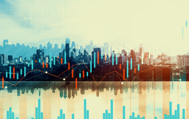 Stock market business concept. Financial graphs and digital indicators with modernistic urban area...