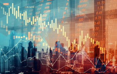 Economic crisis concept shown by declining graphs and digital indicators overlap modernistic city...