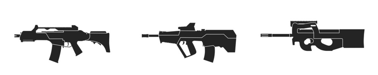 tavor, hk g36 and fn ps90 weapons. assault rifle icon set. vector images for military concepts