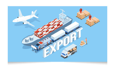 3D isometric Global logistics network concept with Export, Import, Transportation operation service, Cargo, Air, Road, Maritime delivery. Vector illustration EPS 10