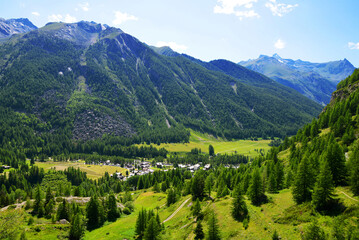 Naklejka na ściany i meble Lillaz village in Gran Paradiso National Park. Aosta Valley, Italy. Beautiful mountain landscape in sunny day.