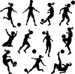 Female Soccer Football Player Woman Silhouette Set