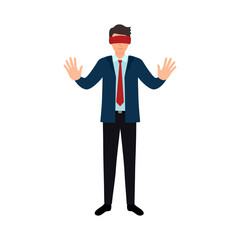 Covered eye. Blindfolded with red cloth. Businessman or manager standing blind before a choice.