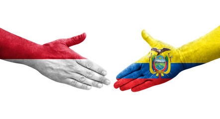 Handshake between Ecuador and Monaco flags painted on hands, isolated transparent image.