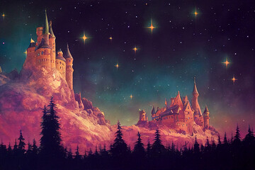 Fototapeta premium Fairy-tale castle on the background of the night starry sky