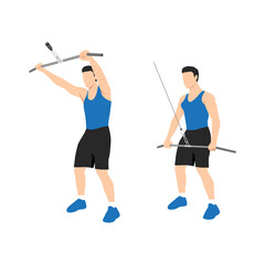 Fototapeta na wymiar Man doing straight arm pulldown exercise. Flat vector illustration isolated on white background