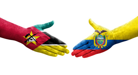 Handshake between Ecuador and Mozambique flags painted on hands, isolated transparent image.