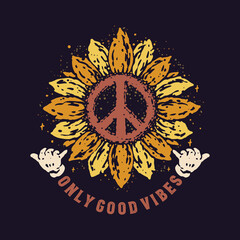 Good vibes peace sunflower hand drawn illustration