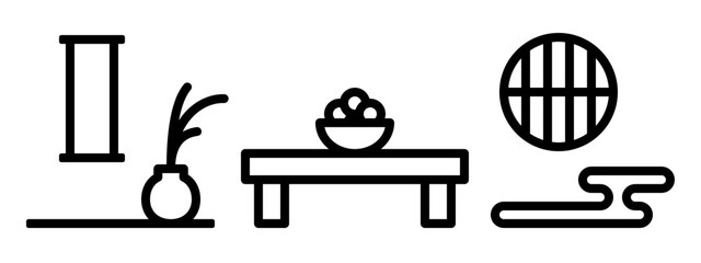Japanese-style room icon represented by hanging scroll, alcove, chabudai, mandarin orange, fusuma, cloud shelf