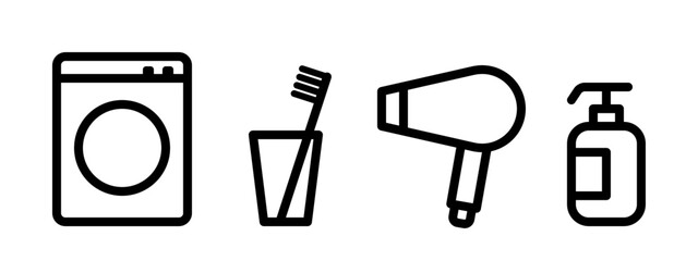 Obraz premium Washroom icon with washing machine, cup, toothbrush, dryer and hand soap