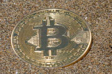 golden coin with big B symbol of BITCOIN