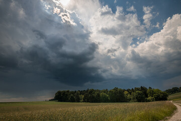 Dunkle Wolken über einer Wiese Feld Wald und Gewitter braut sich zusammen im Sommer, Deutschland