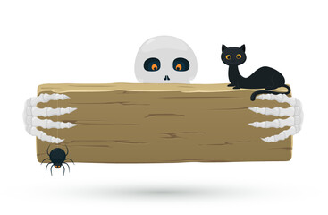 Halloween banner with zombie skeleton hands, black cat and spider on cobweb. Monstar hands holding blank wooden signboard, poster for events, invitations, party.