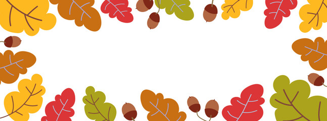 Autumn leaves horizontal background. Abstract childish oak foliage with acorns. Frame template with copy space for text. Vector illustration isolated on white