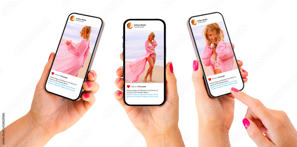 Wall mural mockup of mobile phone in hand in different angles with sample social media app on the screen.