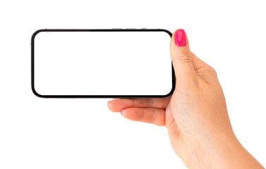 Mobile phone mockup. Person holding phone horizontally in one hand.