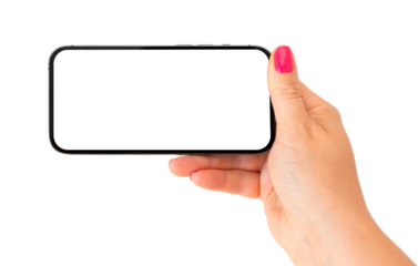 Mobile phone mockup. Person holding phone horizontally in one hand.