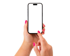 Mobile phone mockup. Person holding phone and touching something on the screen with finger.