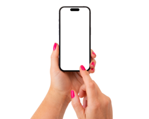 Mobile phone mockup. Person holding phone and touching something on the screen with finger.
