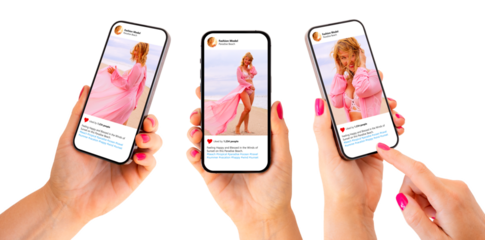 Mockup of mobile phone in hand in different angles with sample social media app on the screen.