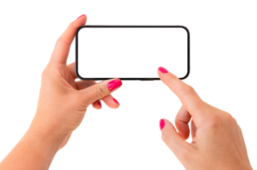 Mobile phone mockup. Person holding phone horizontally and touching something on the screen with finger.