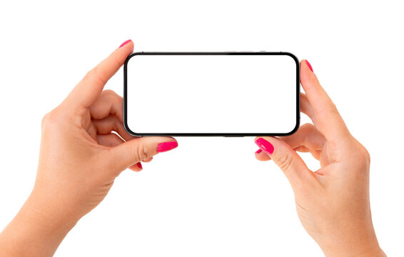 Mobile phone mockup. Person holding phone horizontally in both hands.