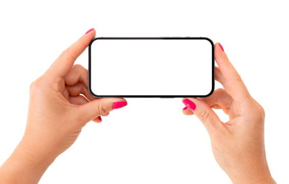 Mobile phone mockup. Person holding phone horizontally in both hands.