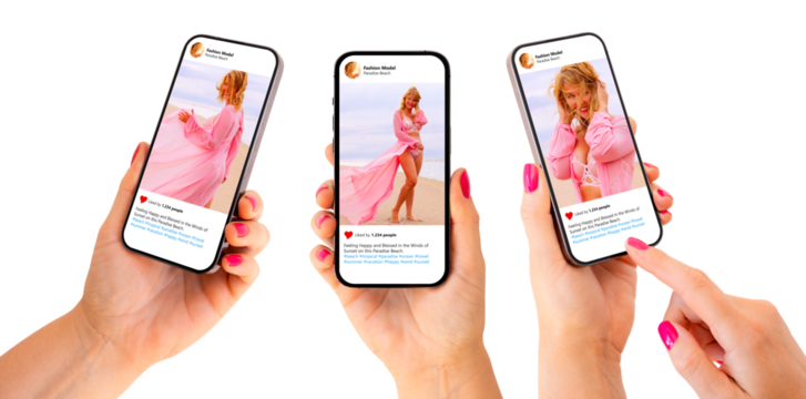 Mockup of mobile phone in hand in different angles with sample social media app on the screen.