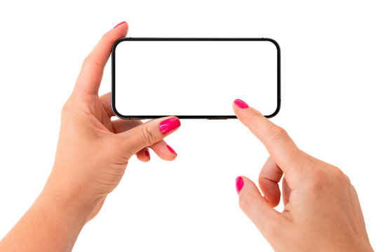 Mobile phone mockup. Person holding phone horizontally and touching something on the screen with finger.