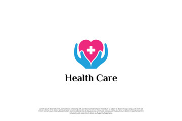 medical, healthcare logo design with hand and love shape combination.