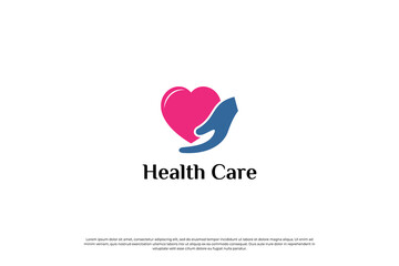 medical, healthcare logo design with hand and love shape combination.