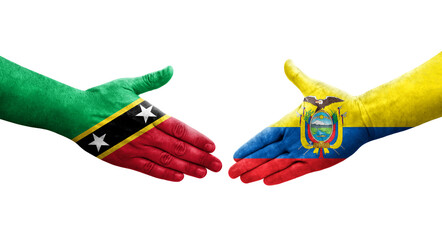 Handshake between Ecuador and Saint Kitts and Nevis flags painted on hands, isolated transparent image.