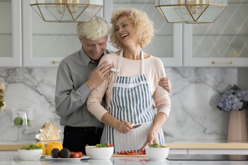 Smiling pretty senior spouses in kitchen, hoary husband hugs his cheerful wife preparing vegetarian dish laughing enjoy time together feel happy spend time at modern home. Healthy eat, cooking, love