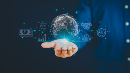Hands showing symbols and icons of technology, applications, world global internet connectivity and digital marketing. Finance and Banking and Sales Concept. Online Marketing, Online Business.