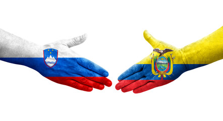 Handshake between Ecuador and Slovenia flags painted on hands, isolated transparent image.