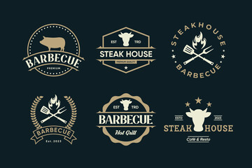 set of Vintage steak house logo set, barbecue grill badges, labels. Retro typography style.