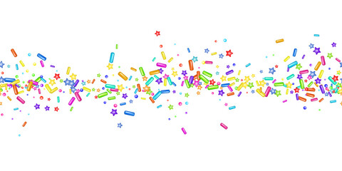 Sprinkle realistic with grains of desserts. Seamless pattern bright colorful sprinkles grainy isolated on white. Design for holiday designs, party, birthday, invitation. Vector 3d sweet confetti