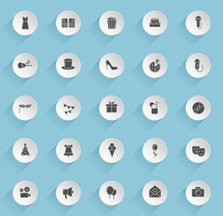 party vector icons on round puffy paper circles with transparent shadows on blue background. party stock vector icons for web, mobile and user interface design