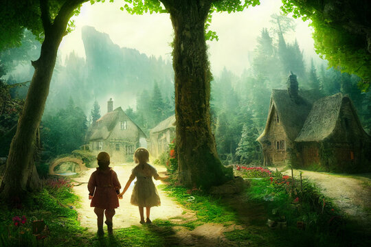 Fantasy fairy tale: Hansel and Gretel coming home made with generative AI