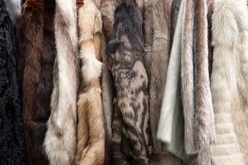 Fur coats texture background. Colorful, different, luxury and soft winter fashion hanging on rack...