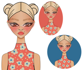 Cute Asian gril with blond hair and two buns wearing floral print top and reading glasses. Girl avatar illustration clipart isolated on transparent background.	