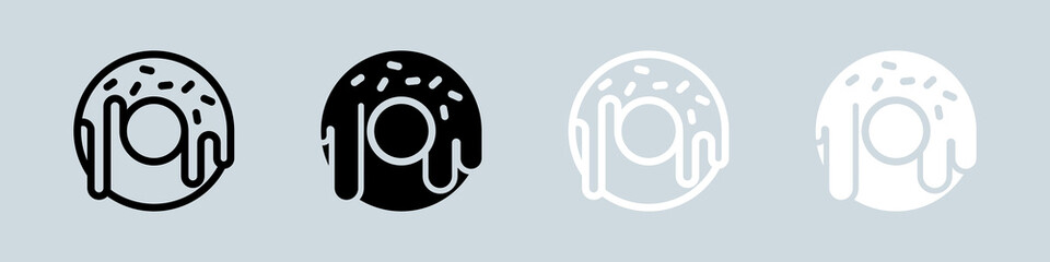 Donut icon set in black and white. Sweet food signs vector illustration.