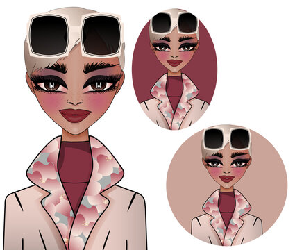 City style blonde girl wearing floral print trench coat and huge sunglasses. Girl avatar illustration clipart isolated on transparent background.	