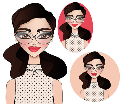 Classy British style girl in polka dot top and reading glasses, with lush brown hair. Girl avatar illustration clipart isolated on transparent background.	