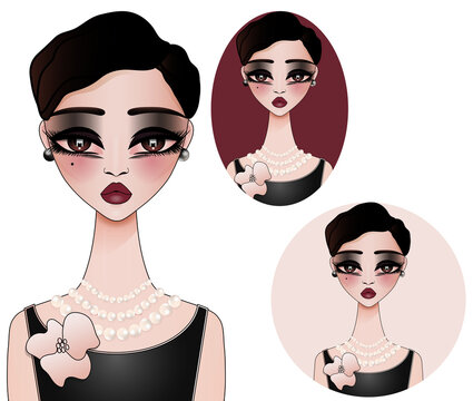 Cute and dramatic Gatsby style girl wearing strings of pearl and floral brooch. Girl avatar illustration clipart isolated on transparent background.	