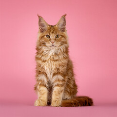 Handsome red Maine Coon cat kitten, sitting up fing front. Looking towards camera. Isolated on a...