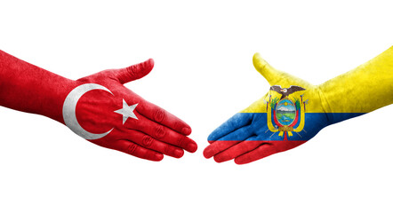 Handshake between Ecuador and Turkey flags painted on hands, isolated transparent image.