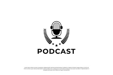 Vintage podcast badge, emblem, label logo design. microphone icon, wreath element logo concept.